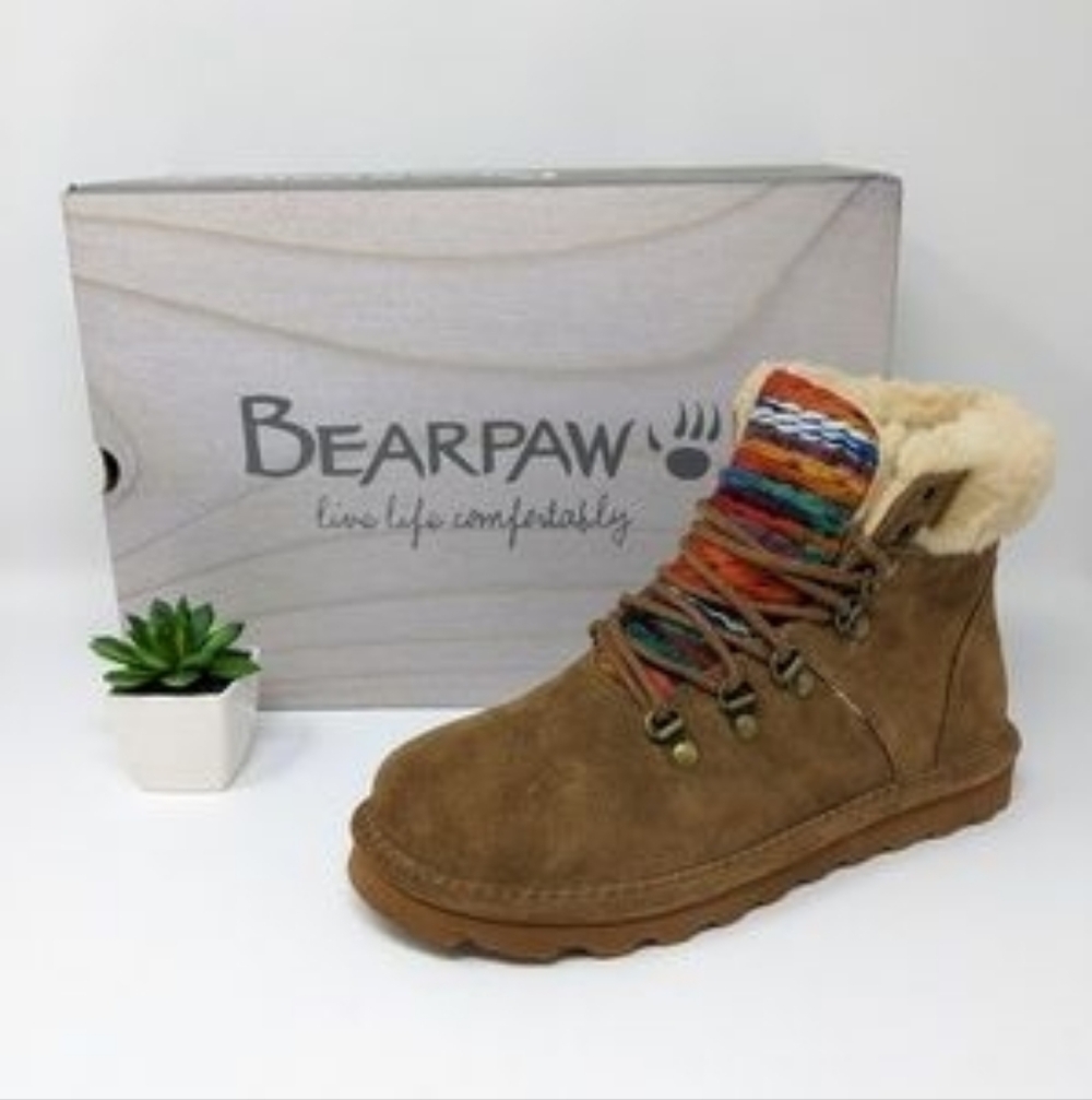 BearPaw Brown Suede Moccasins with Multicolor Knit